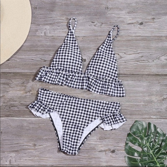 Black White Plaid Ruffle Bikini Swimsuit - Picture 3 of 5